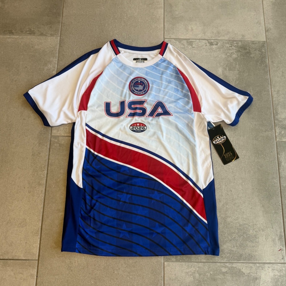 NWT 2026 Futbol USA Soccer Jersey Mens Small Red White Blue Graphic Shirt
